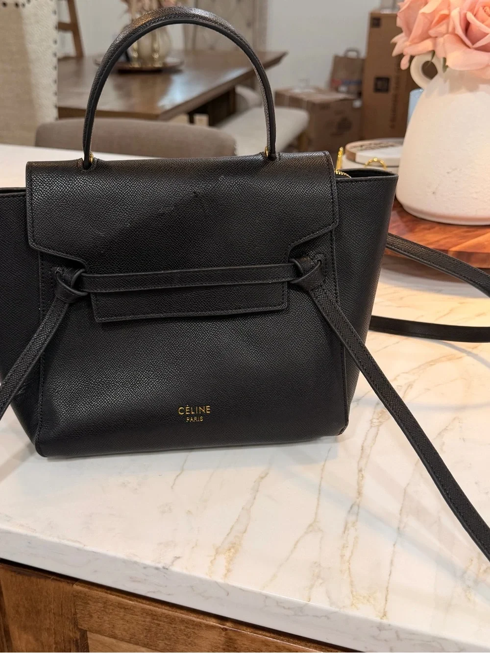Celine Black Leather Satchel with Gold Logo